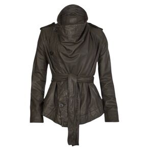 All Saints Whitton Brown Leather Cowl Draped Leather Jacket Asymmetrical 2